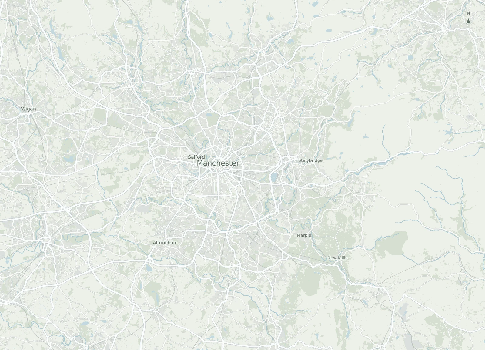 Road map of Greater Manchester and surrounding areas, covering all twelve listed towns