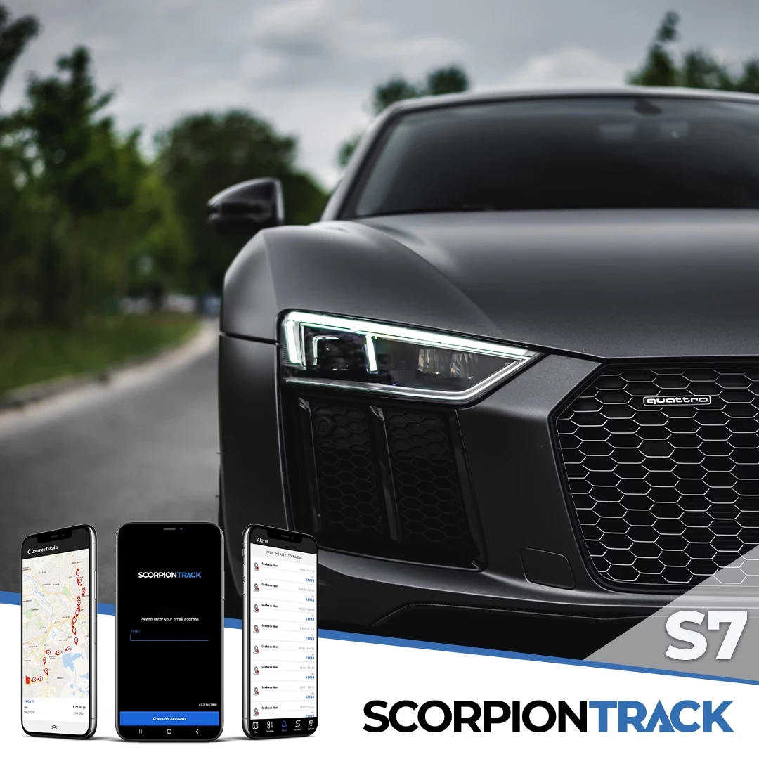 Genuine Scorpion S7 manufacturer reference artwork showing vehicle tracking on a phone