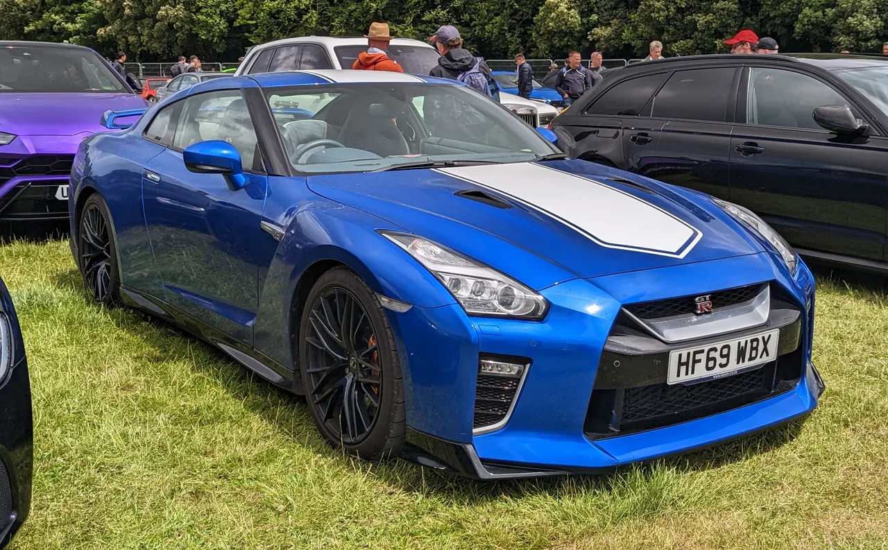 Blue Nissan GT-R at a car gathering in England